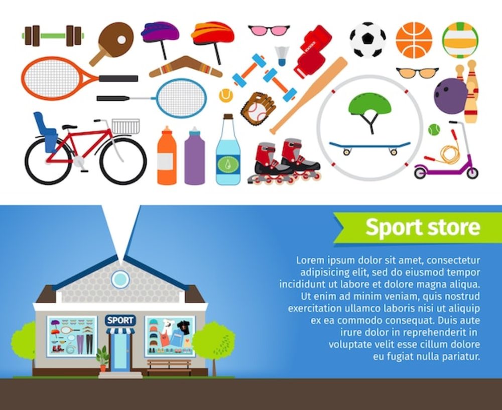 体育用品店运动器材和运动服装排球和保龄球九柱游戏和篮球球拍和自行车